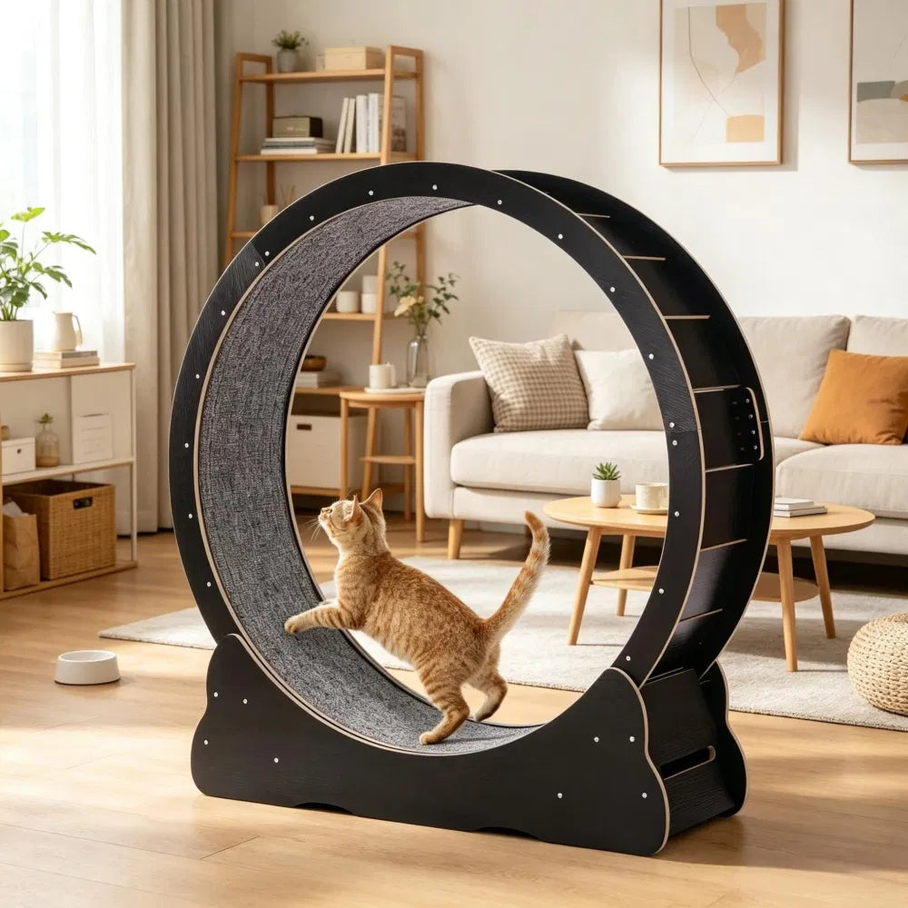 Orange tabby cat running inside a black wooden cat exercise wheel in a living room