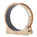 Natural wood 43.3-inch cat exercise wheel with gray carpeted running track and wooden support base, front view on a white background.