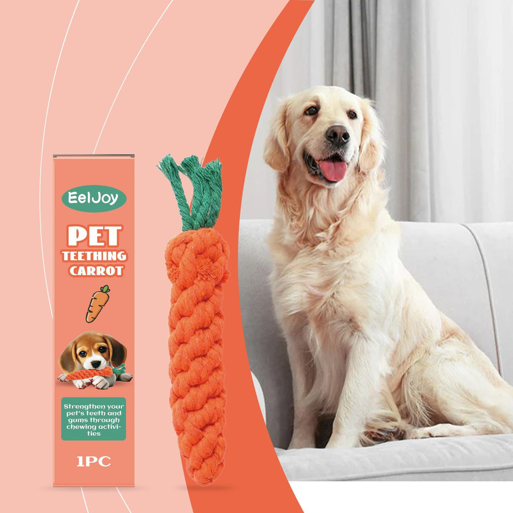 Happy dog holding an orange carrot chew toy in its mouth