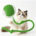 Cat playing with a green electric rolling ball toy with rope tail