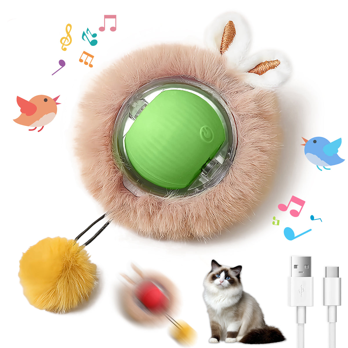 Green interactive moving cat ball with fluffy tail