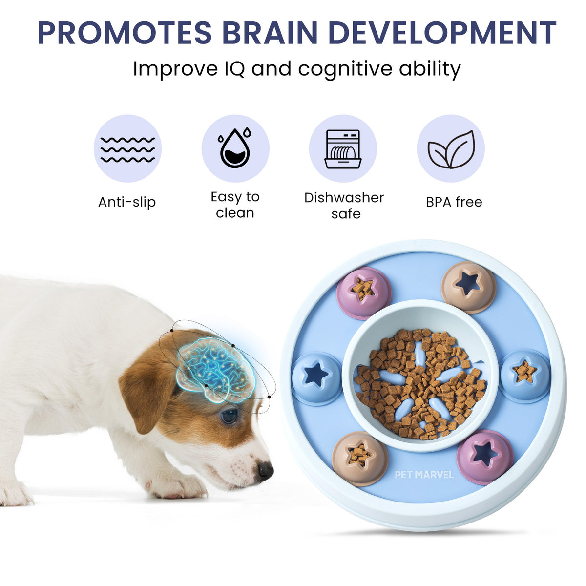 Marketing graphic of a puppy with a glowing brain beside the blue puzzle bowl with kibble, highlighting brain development, anti-slip, easy clean, dishwasher safe, and BPA free.