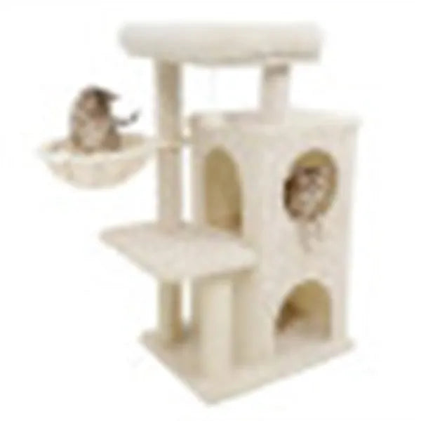 Beige 33.5-inch multi-level cat tree with 2-tier condo and sisal scratching posts