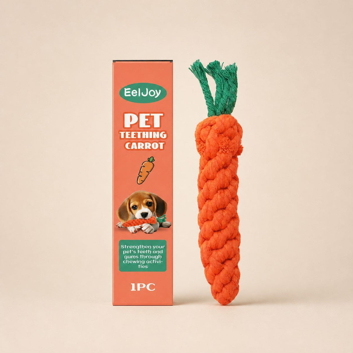 Orange carrot-shaped dog chew toy with retail packaging