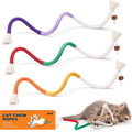 Three colorful wavy cat chew ropes with tassels and catnip balls, a kitten playing with one, and the pack of 3 box.