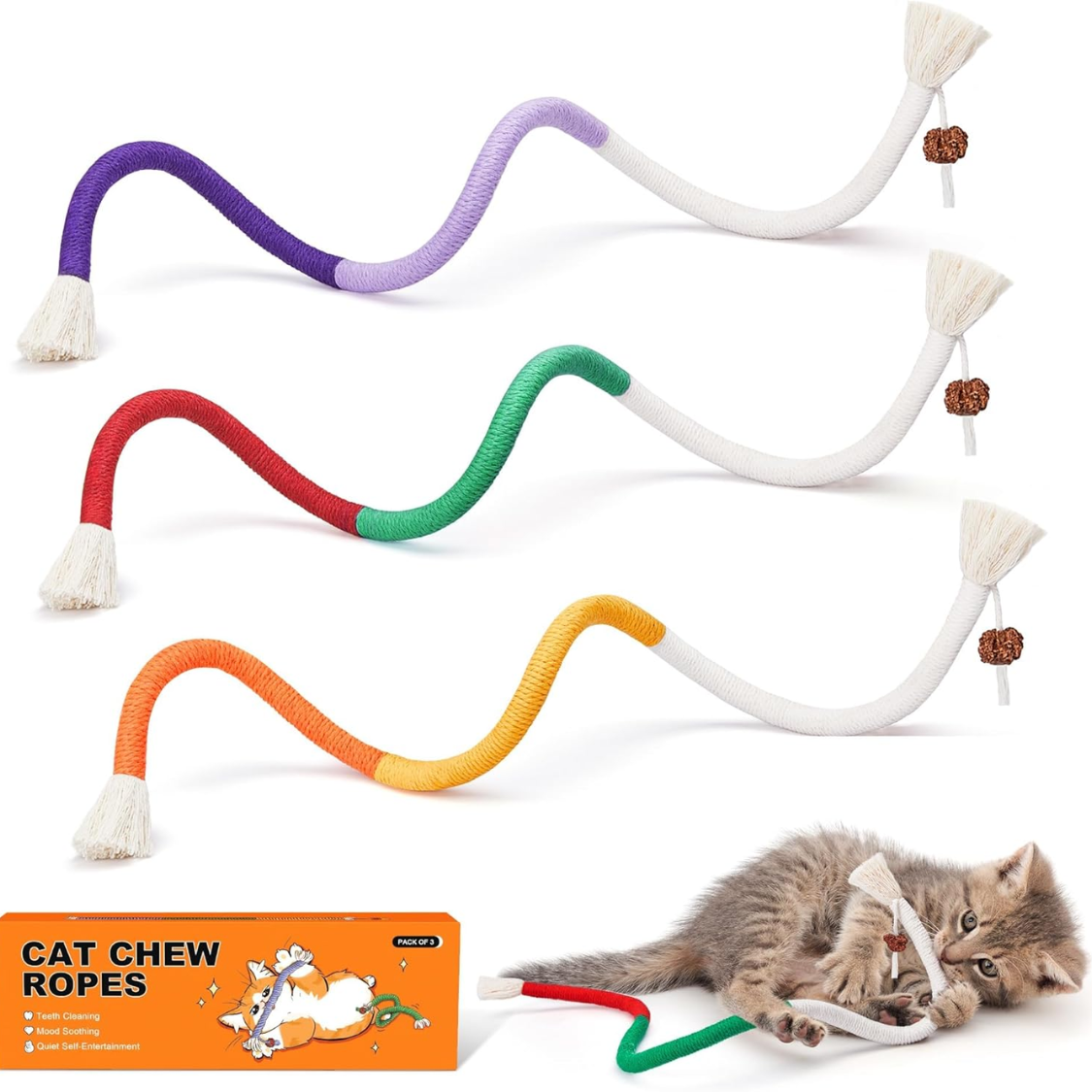 Three colorful wavy cat chew ropes with tassels and catnip balls, a kitten playing with one, and the pack of 3 box.