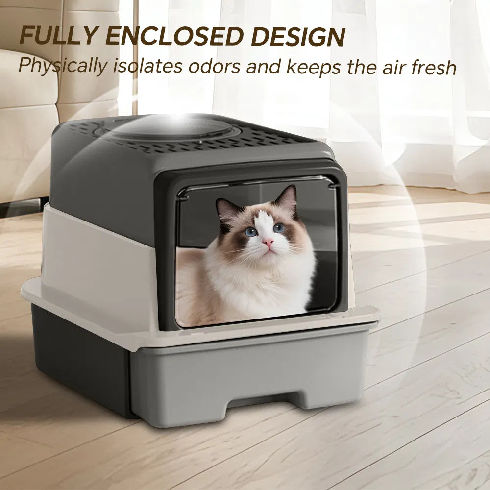 Cat litter box with front entry door and top opening, detail view