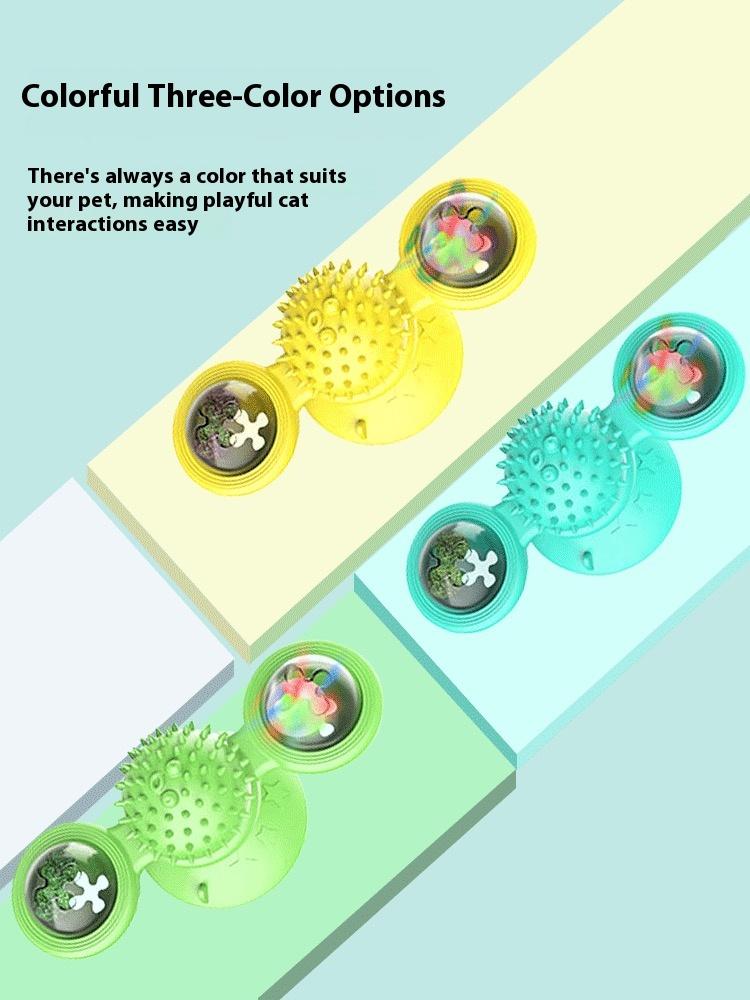 Alternate layout of the three-color options graphic showing the windmill cat toy in yellow, turquoise, and green with spiky massage balls and ball domes.