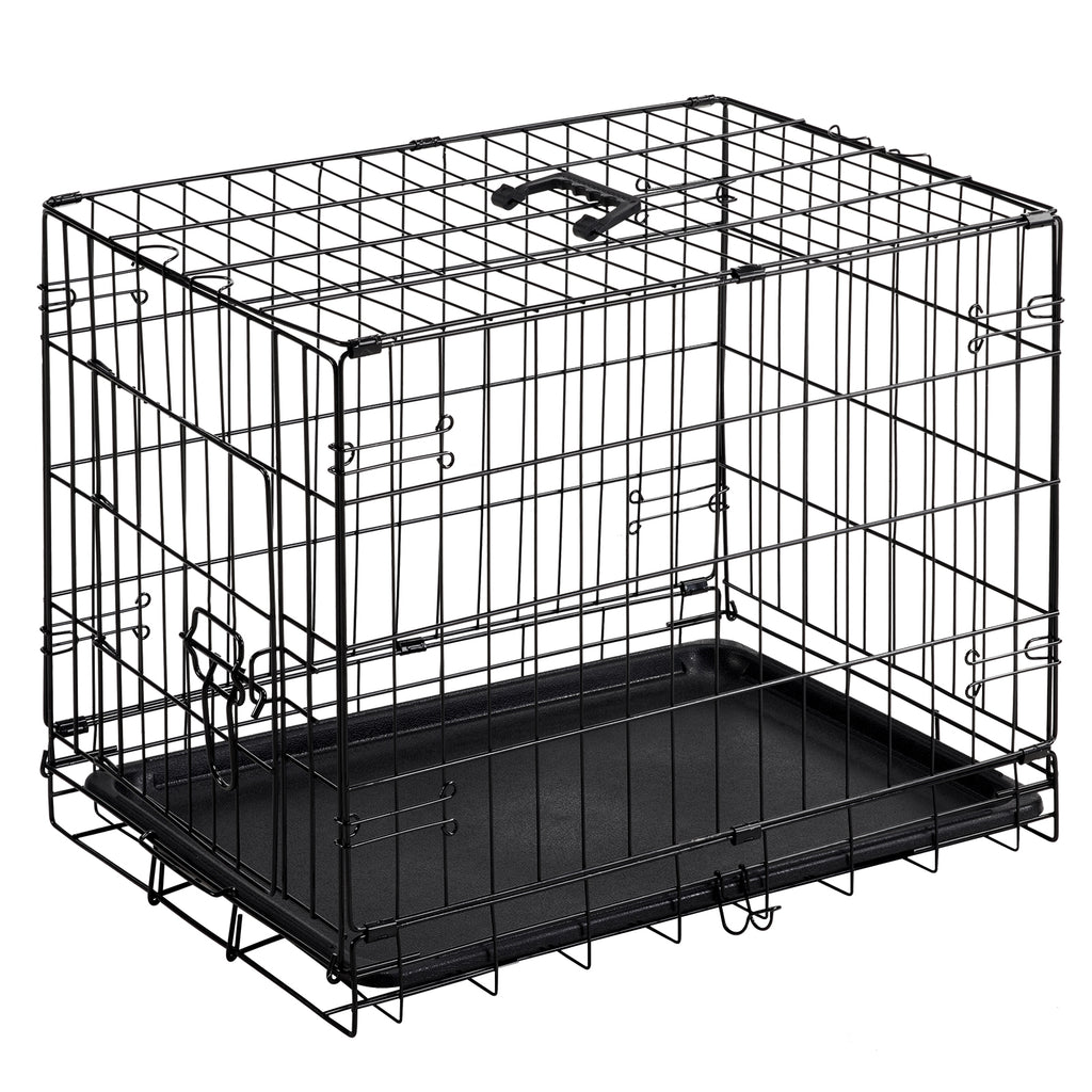 Black wire-frame single-door dog cage with top carry handle and black plastic tray