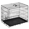Black wire-frame single-door dog cage with top carry handle and black plastic tray