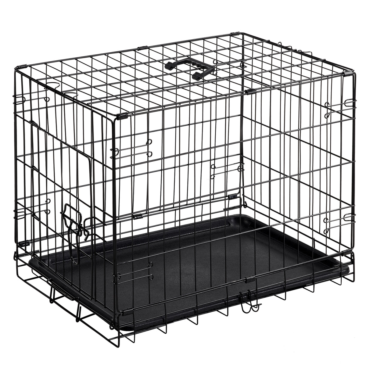 Black wire-frame single-door dog cage with top carry handle and black plastic tray
