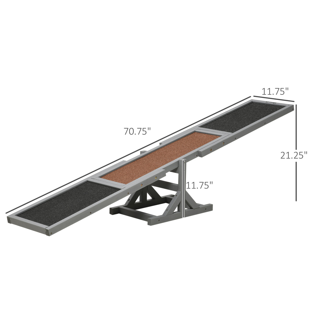 Dog on a gray wooden agility seesaw with getting closer text overlay