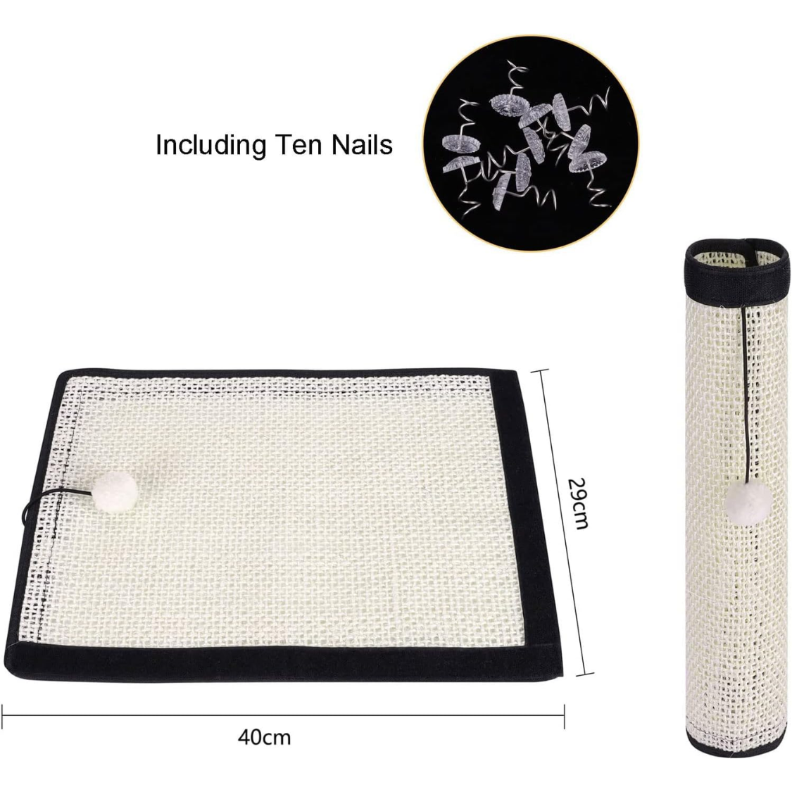 Sisal cat scratch pad dimensions – 40 by 29cm flat pad and rolled version, includes ten nails