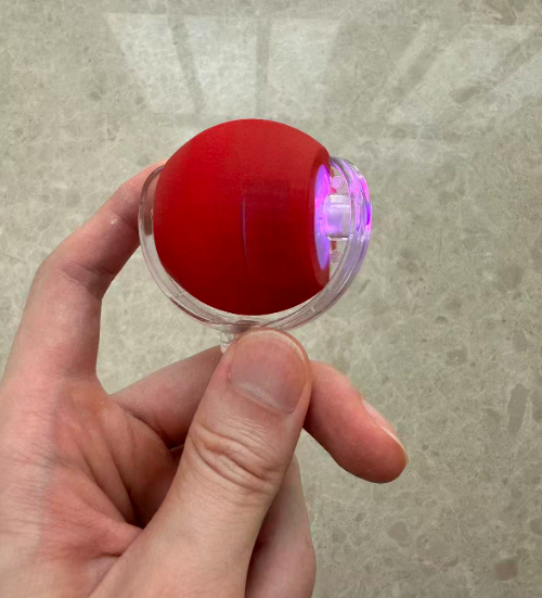 Red rolling ball pet toy close-up in hand