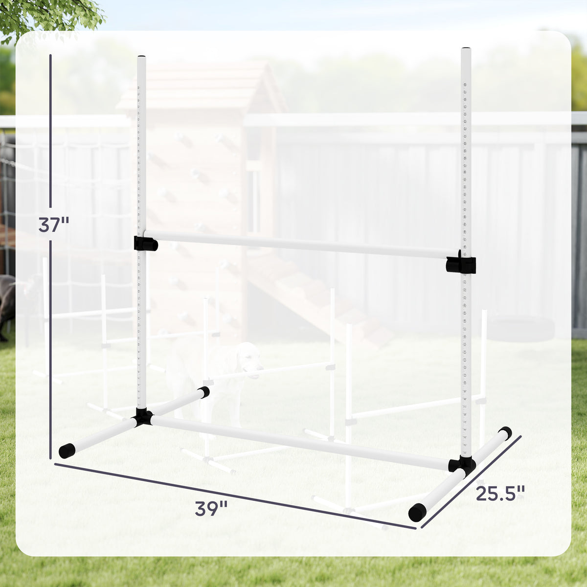 White agility jump bar frame diagram with dimensions, 37 inches high and 39 inches wide