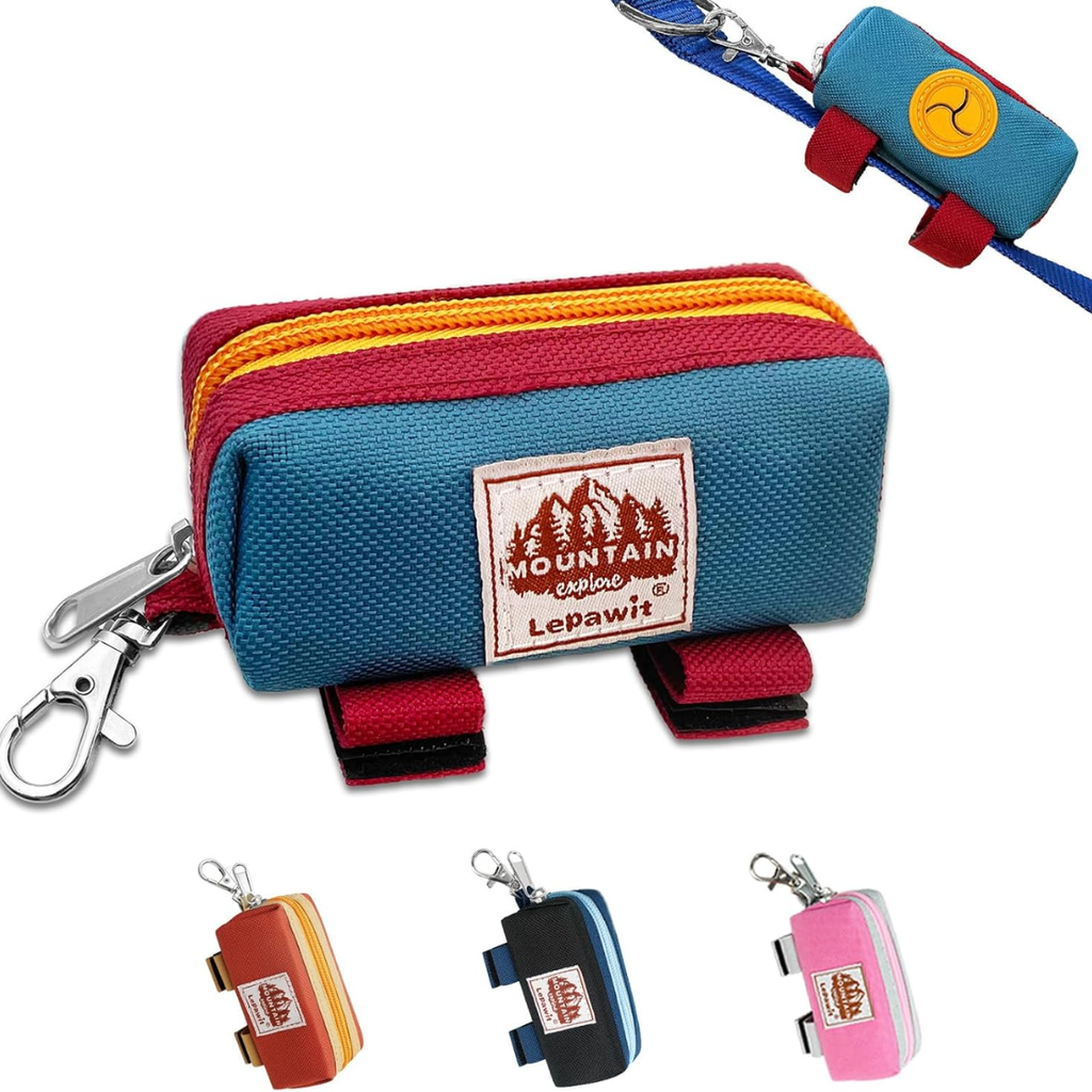 Blue and red zippered canvas dog poop bag holder pouch with metal carabiner clip and Velcro straps – available in orange, black and pink