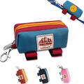 Blue and red zippered canvas dog poop bag holder pouch with metal carabiner clip and Velcro straps – available in orange, black and pink