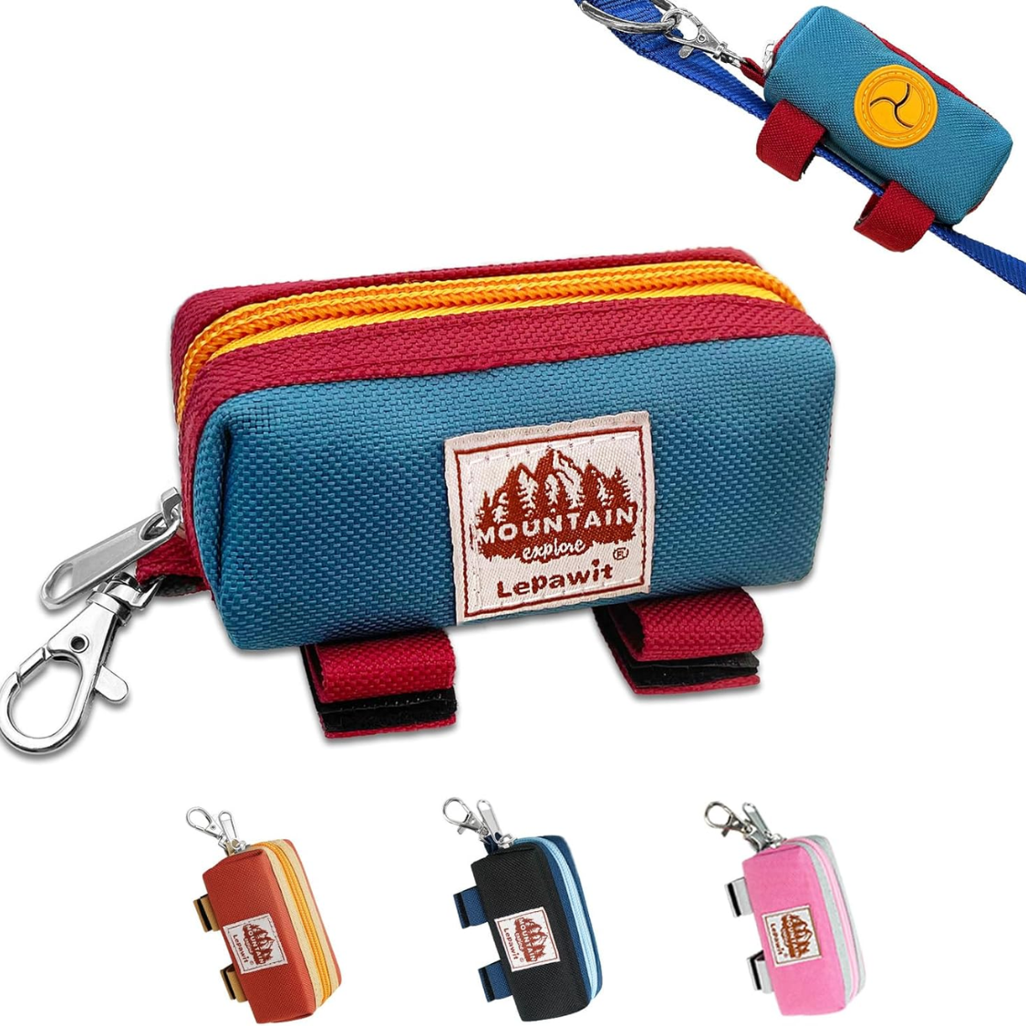 Blue and red zippered canvas dog poop bag holder pouch with metal carabiner clip and Velcro straps – available in orange, black and pink