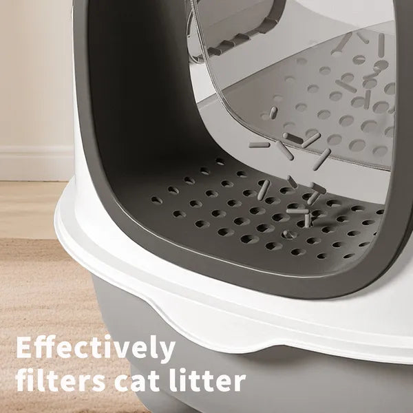 Grey cat litter box showing spacious interior for large cats