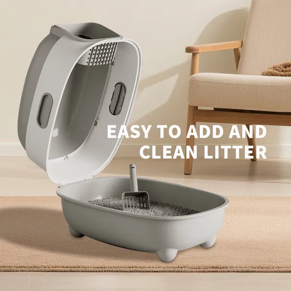 Gray enclosed cat litter box showing detachable components