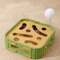 green felt and wooden cat scratcher play board with paw cutouts interactive balls and pom-pom teaser
