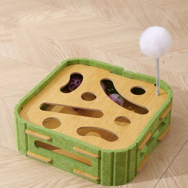 green felt and wooden cat scratcher play board with paw cutouts interactive balls and pom-pom teaser