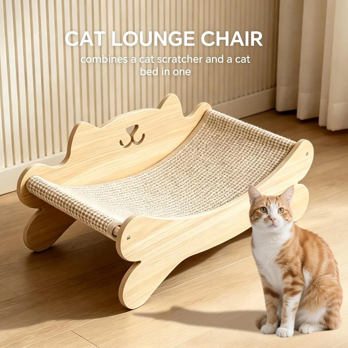Cat lounge chair combining scratcher and bed – wooden frame with sisal hammock, orange tabby cat beside it