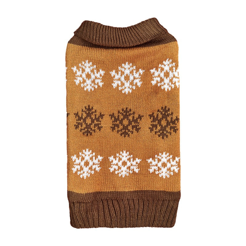 dark brown snowflake dog Christmas sweater flat product shot showing knit pattern on white background