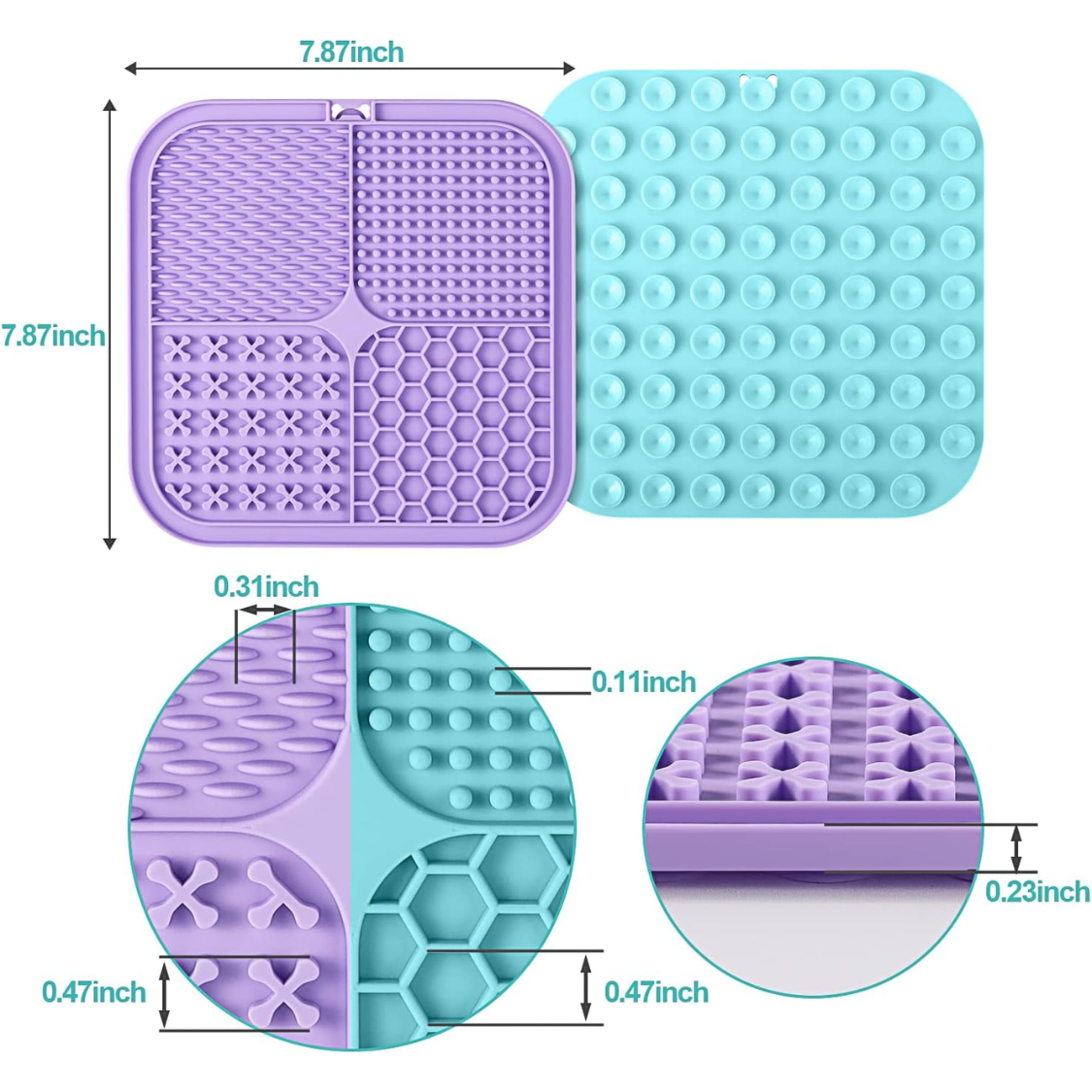 Lick mat size chart showing purple and teal mats, 7.87 inches