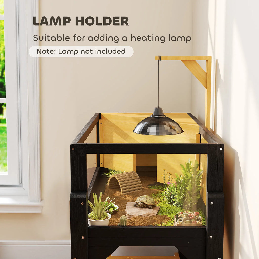 Black and yellow wooden turtle cage with basking area, full view