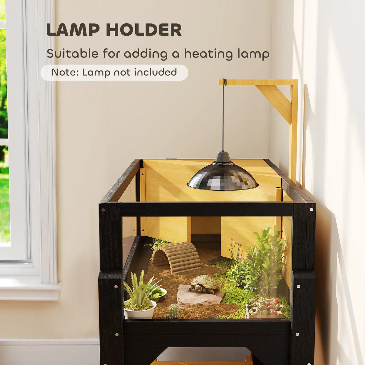 Black and yellow wooden turtle cage with basking area, full view