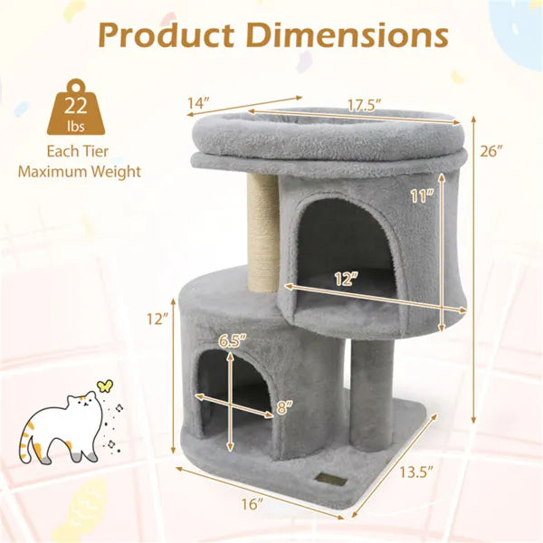 Compact multi-level cat tree with 2 condos
