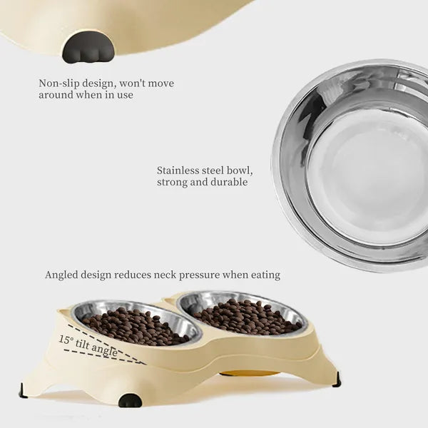 Yellow double cat food bowl features – non-slip base, durable stainless steel bowls and 15-degree tilt angle to reduce neck pressure