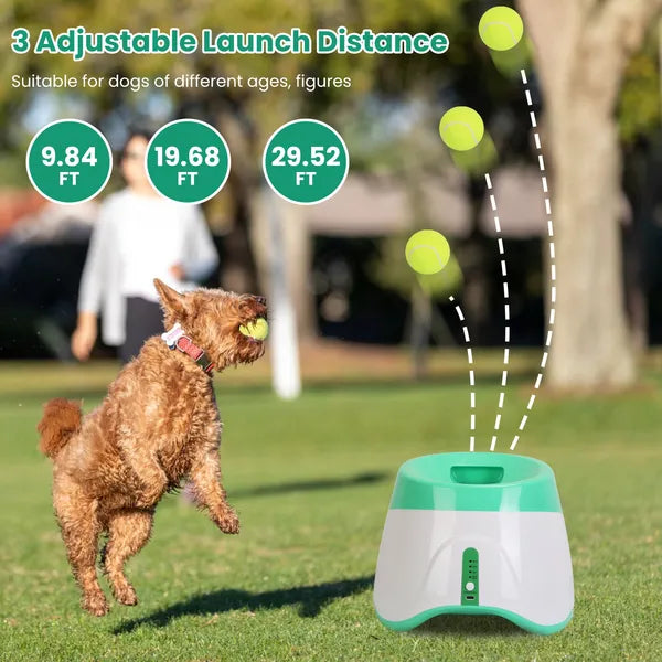 Automatic ball thrower for dogs with adjustable launch distance controls