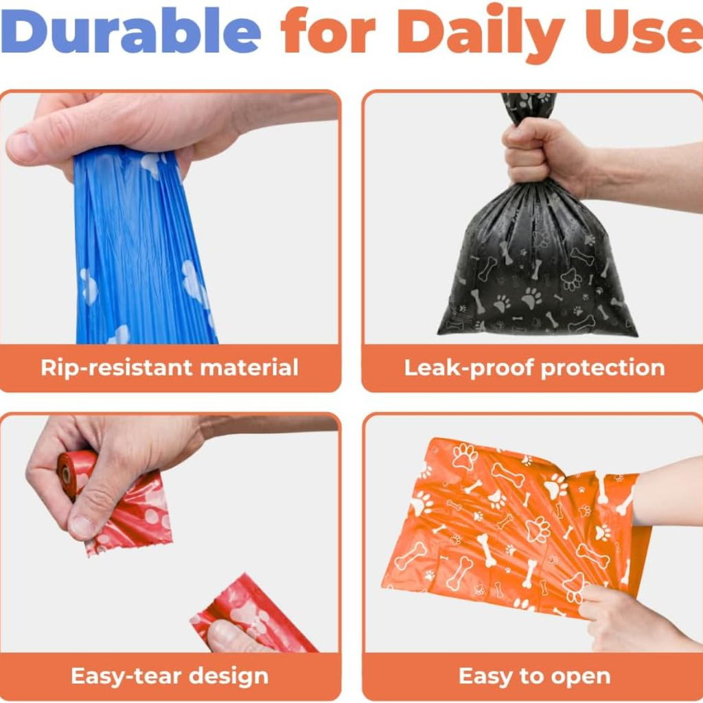 durable dog poop bags for daily use graphic showing rip-resistant leak-proof easy-tear and easy-to-open features