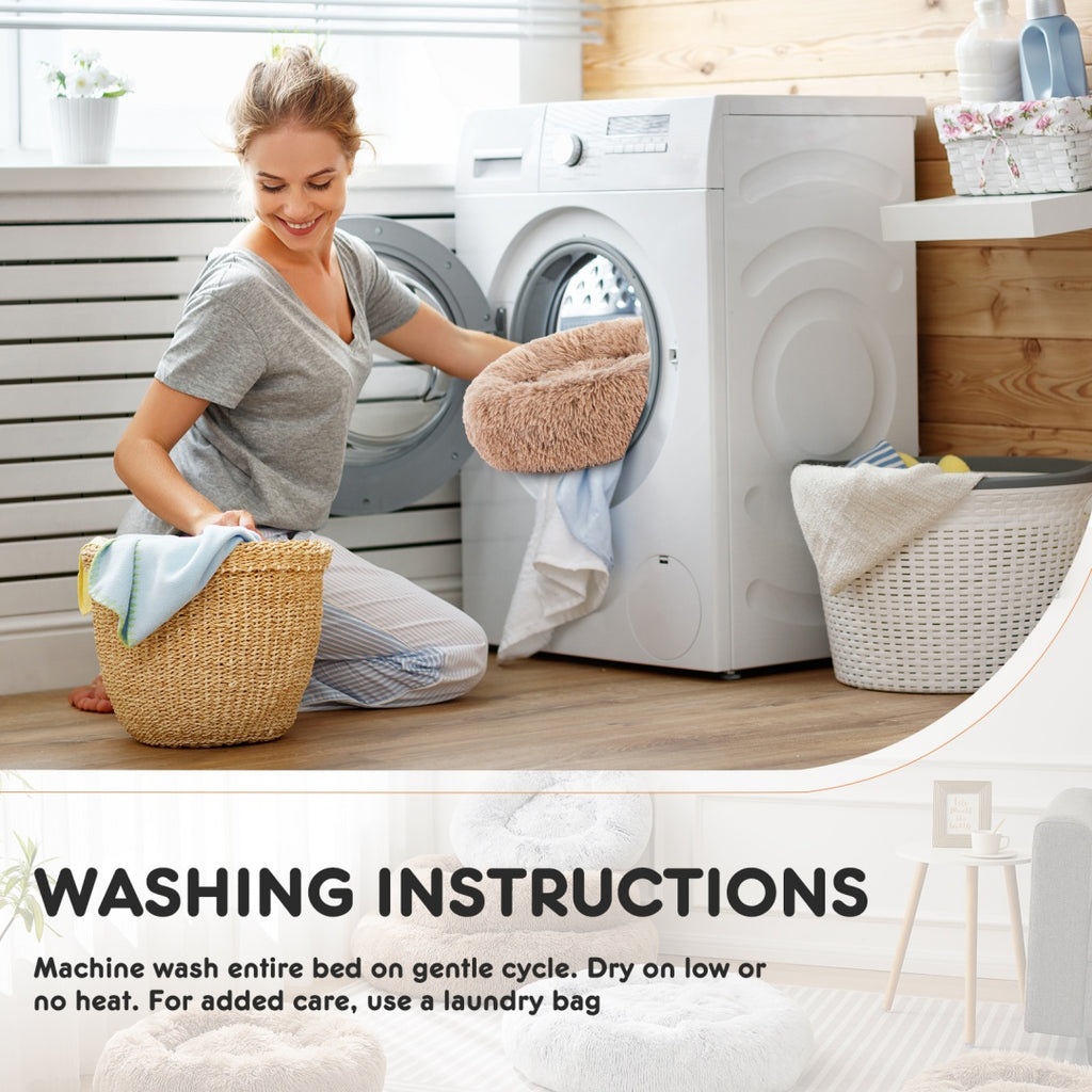 Washing instructions infographic showing person holding the fluffy pet bed
