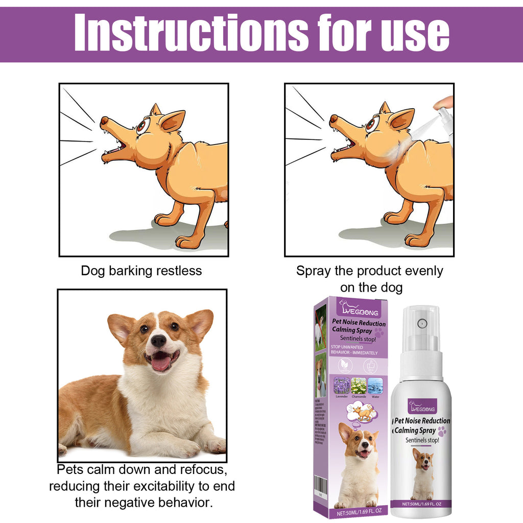 Instructions for use graphic showing a barking dog, spraying the product on the dog, a calm corgi after use, and the product box and bottle.