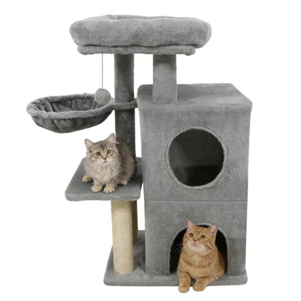 Light gray 33.5 inch multi-level cat tree with two cats, 2-tier condo, hammock and sisal scratching post