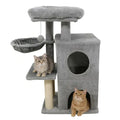Light gray 33.5 inch multi-level cat tree with two cats, 2-tier condo, hammock and sisal scratching post