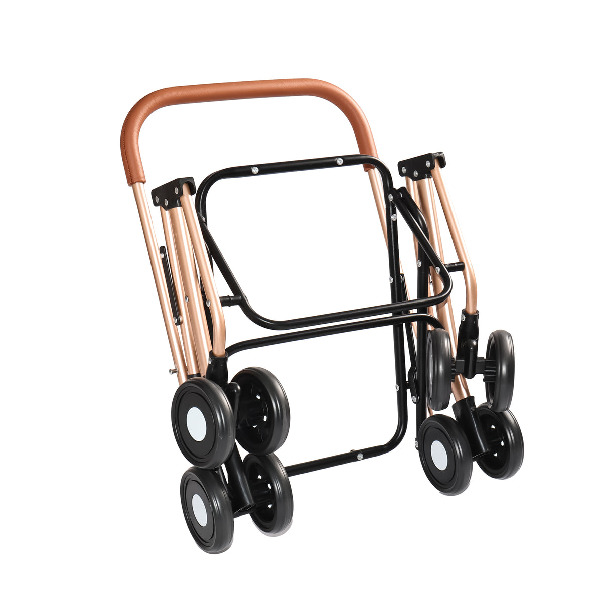Folded pet stroller frame in rose gold and black metal with four wheels