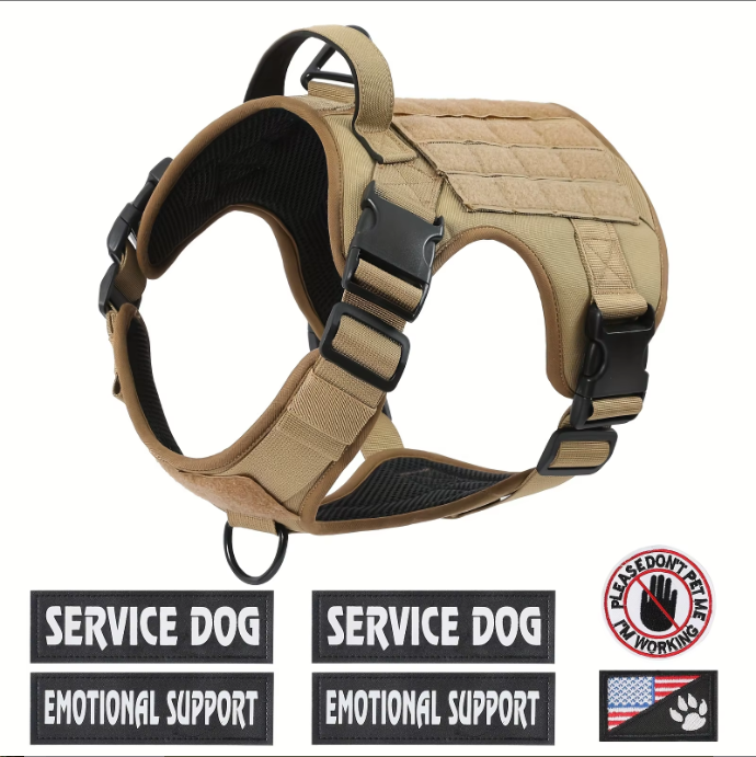 Tan tactical no-pull dog harness vest with black buckles and included service dog patches