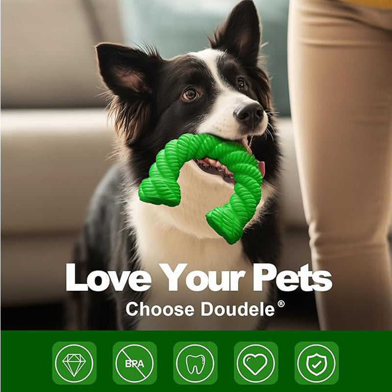 Border collie holding green horseshoe chew toy with Love Your Pets brand and feature icons