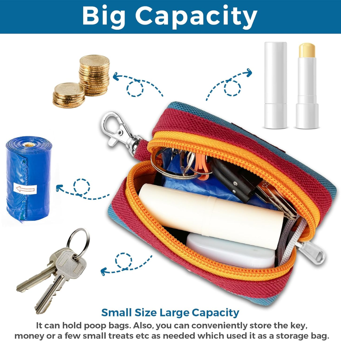 Big capacity dog poop bag holder pouch – small size holds poop bags, keys, money and treats