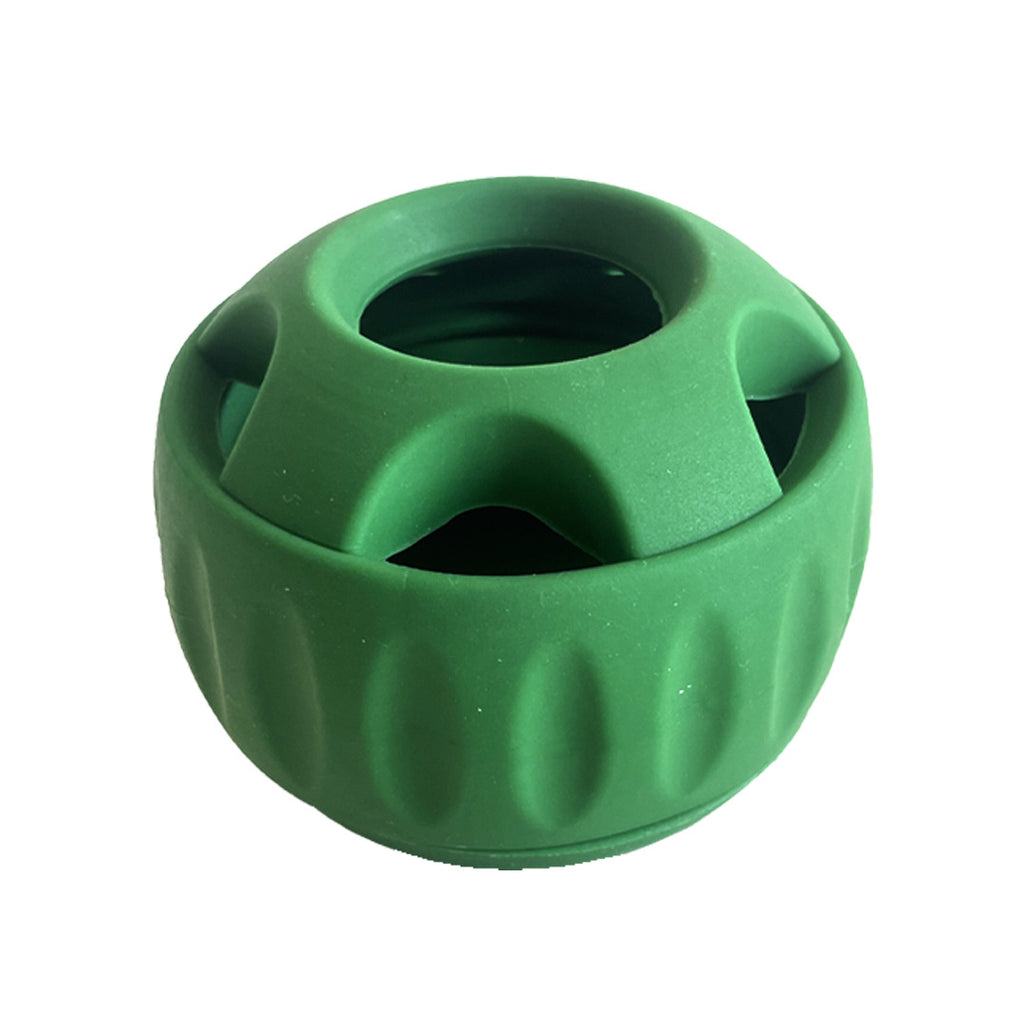 Green silicone slow feeder ball close-up