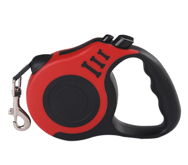 Red and black 16.5FT retractable dog leash with bone design and metal clasp