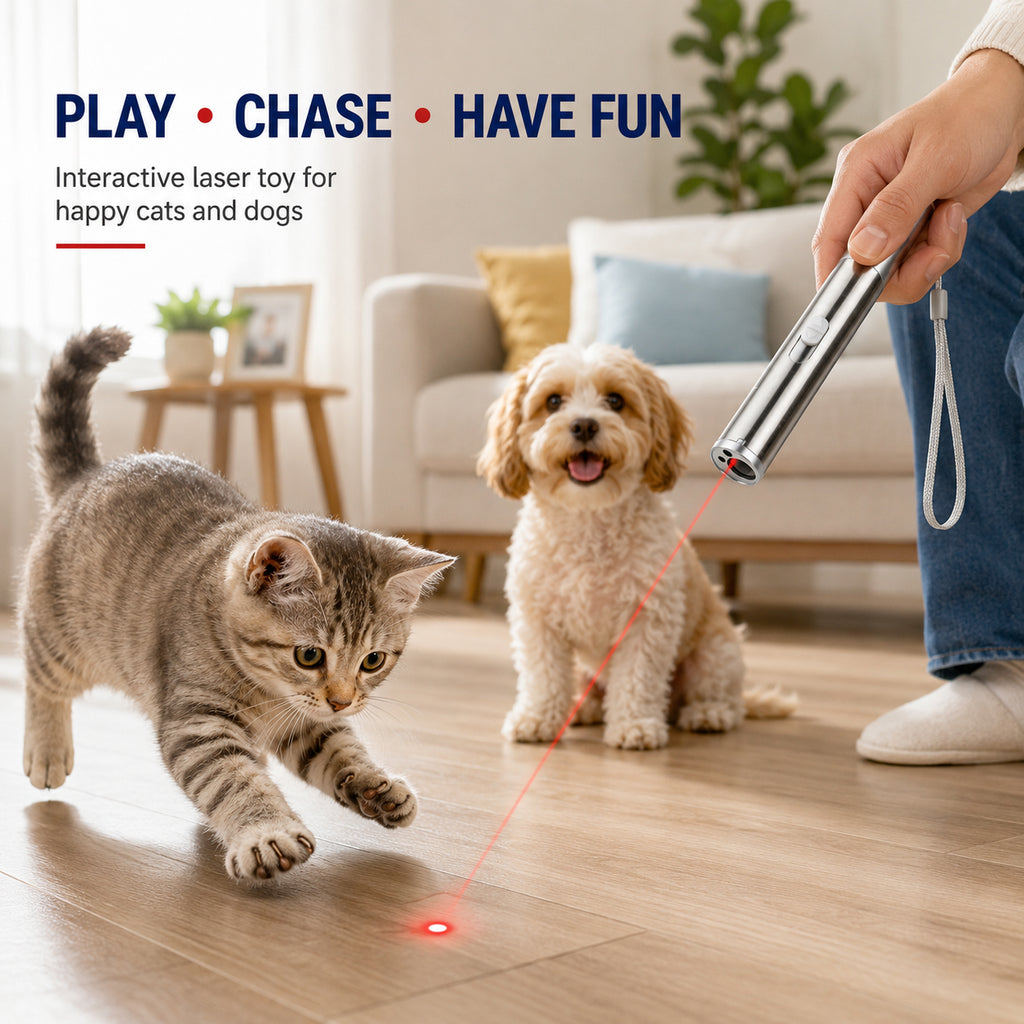Dog playing with a pet laser pointer, play chase have fun infographic