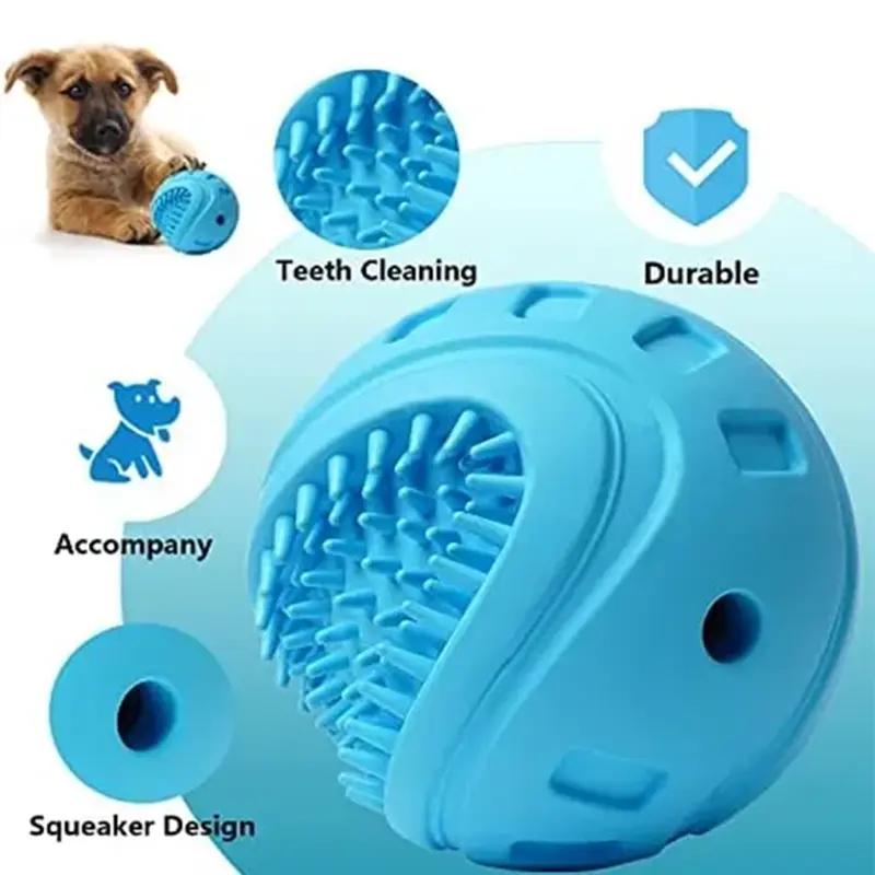Blue interactive dog treat ball features – teeth cleaning, durable, squeaker design with puppy