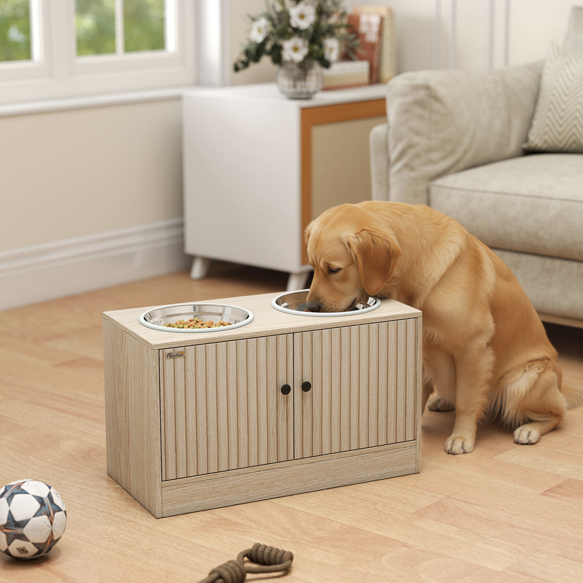 Oak elevated dog bowls with storage cabinet and slow feeder
