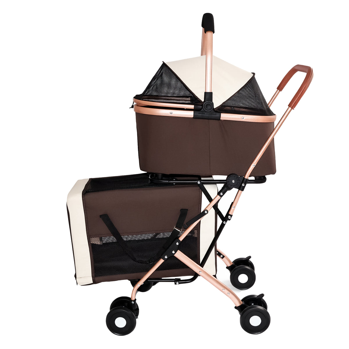 Brown double pet stroller with rose gold frame and mesh panels, side profile view