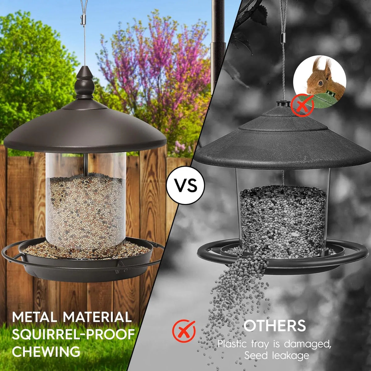 bronze metal bird feeder vs others comparison showing squirrel-proof chew-proof design prevents seed leakage